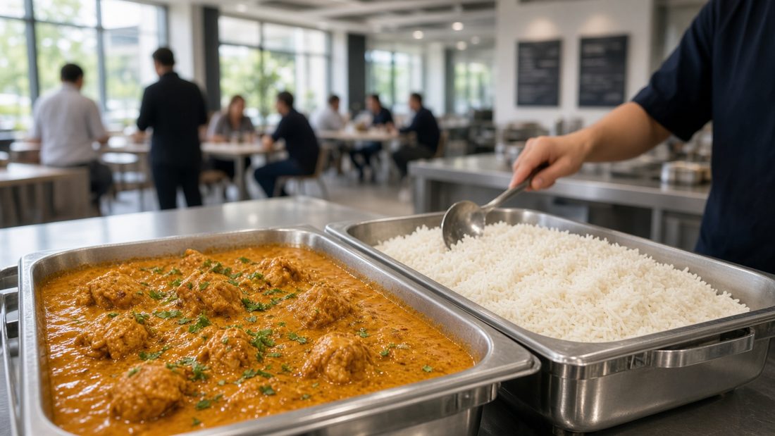 Freshly cooked trays of curry and rice being served to a Cardiff office team.